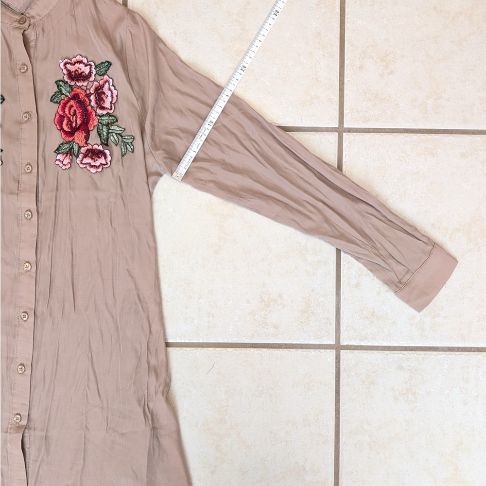 Size M I Joah Tan Embroidered Floral Rose Collared Shirt Dress Bohemian Western - Picture 13 of 16